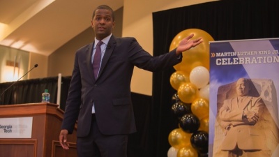 During Georgia Tech’s MLK Lecture on January 11, Bakari Sellers, CNN political analyst, lawyer, and activist, honored Dr. King’s legacy while setting the agenda for the next civil rights movement with students, faculty, staff, and community members. During his remarks, Sellers asked the audience: “How far have we come, and where do we go from here?”

Photo by Christopher Moore