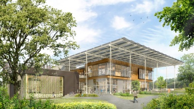 This perspective demonstrates how the Living Building's "porch" integrates the building with the Eco-Commons to the west.

Image courtesy of The Miller Hull Partnership in collaboration with Lord Aeck Sargent. 