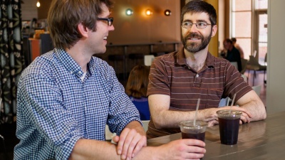 Researchers Will Ratcliff (left) and Peter Yunker at Highland Bakery.