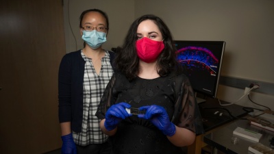 Georgia Tech researchers Liang Han (left) and Haley Steele (right) have uncovered differences in itch on hairy versus non-hairy skin that could lead to more effective treatments for patients with persistent skin itching. (Photo credit: Christopher Moore, Georgia Tech)