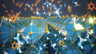 The cover illustration shows the surface of the halide perovskite structure being modified by a large organic cation. The cation diffuses through the thin film to reconstruct the surface structure. Credit: Advanced Materials