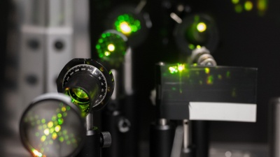 Laser light in the visible range is processed for use in the testing of quantum properties in materials in Carlos Silva's lab at Georgia Tech. Credit: Georgia Tech / Allison Carter