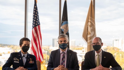 Lt. General Nina M. Armagno, U.S. Space Force director of staff, with Georgia Tech Executive Vice President for Research Chaouki T. Abdallah and Provost Steven W. McLaughlin (L to R).