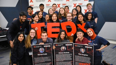 TEDxGeorgiaTech students and speakers at a salon event. Photo from February 2020.