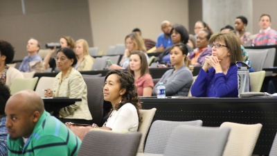 Staff members attend a Staff Council town hall event in Clough Commons in April 2016.