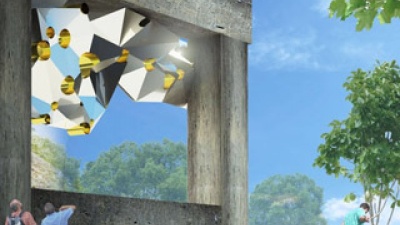 Organic Origins was inspired by William Morris’ Sunflower print. Its triangulations manifest surface connections between cylindrical components, much like petals array around a central core.