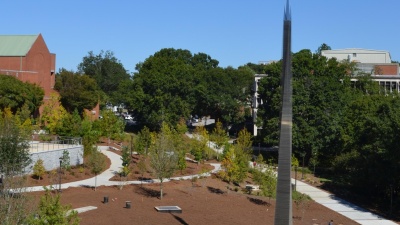 Campanile with redesigned fountain as part of the Campus Center Renovation Project.