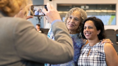 Charlayne Hunter-Gault (left), an award-winning journalist and author, gave the keynote address at the 10th Annual Diversity Symposium in 2018. Hunter-Gault is one of two recipients of the Ivan Allen Jr. Prize for Social Courage. Photo by Allison Carter.