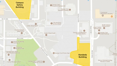 Approximations of the sites for the Campus Safety Building and The Kendeda Building for Innovative Sustainable Design. Construction at both projects will begin this month. Later this year, the Dalney deck and building site will be activated just south of the Centennial Research Building.