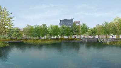 Proposed view across Eco-Commons Pond, just north of the Molecular Science and Engineering Building as part of the sector planning conducted by Capital Planning and Space Management for the area around the Engineered Biosystems Building 