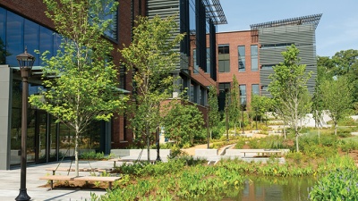 Construction of the Engineered Biosystems Building, an interdisciplinary research facility, was an opportunity to expose some of the water that is naturally part of the campus.