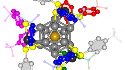 The de novo-predicted and X-ray-confirmed structure of the organic thiol-capped AuAg16(SR)12 cluster. The cluster is comprised of a central icosahedral (AuAg12, made of a gold atom surrounded by twelve silver atoms), capped by four AgS3 mounts, each made of a triangle of sulfur atoms, in yellow, bonded to an anchoring silver atom (black). Each of the twelve sulfur atoms is bonded to an aromatic phenyl ring which is crowned by a tetrabutyl group C(CH3)3. Most of the aromatic rings are organized in dimer bund