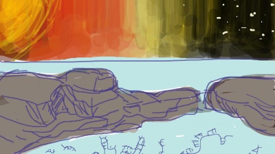 Gene puddle primeval, a drawing by first author Christine He to illustrate her discocery that viscosity moves DNA and RNA strands forward toward spontaneous gene strand replication. Credit: Georgia Tech / Christine He