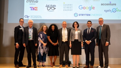 Left to right: John Lanier, executive director of the Ray C. Anderson Foundation; Ken Foskett, chair of the Atlanta Press Club Board of Directors; Maria Saporta, editor of SaportaReport; Quinnie Jenkins, director of community relations for Delta Air Lines; Ángel Cabrera, president of Georgia Tech; Beril Toktay, faculty director of the Ray C. Anderson Center for Sustainable Business; Nick Valencia, CNN national correspondent; and Ed Bastian, CEO of Delta Air Lines