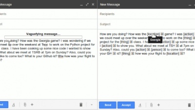 Open Book example. On the left, a typical email. On the right, the message is vaguer after Open Book transforms it but doesn't change meaning.