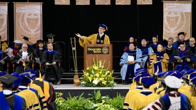Yuchen Zheng delivers the student address at the Spring 2018 Commencement Ceremony