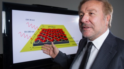 Georgia Tech School of Electrical and Computer Engineering professor Ian Akyildiz poses with a schematic showing how surface plasmon polariton (SPP) waves would be formed on the surface of tiny antennas fabricated from graphene. (Georgia Tech Photo: Rob Felt)