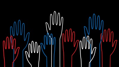 red and blue hands raised