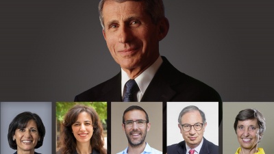 Dr. Anthony S. Fauci (top), with (L-R): Dr. Rochelle Walensky, Pinar Keskinocak, Joshua Weitz, Dr. Carlos del Rio, and Ann W. Cramer.