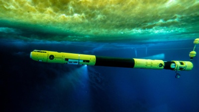 Icefin swimming under the sea ice near McMurdo station, Antarctica. This image was taken from the observation tube. Credit: RISEUP/J.Lawrence