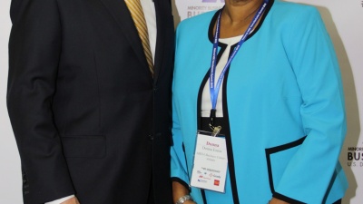 Georgia Tech President G.P. "Bud" Peterson, left, and Donna Ennis, director of the Minority Business Development Agency Business Center-Atlanta, a program of Tech's Enterprise Innovation Institute.