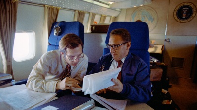 Henry Kissinger working aboard Air Force One in 1972.