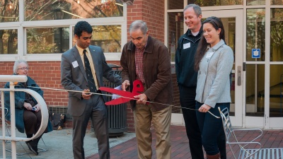 Tommy Klemis cuts the ribbon to the new Klemis Kitchen, which will provide food to Tech students in need. 