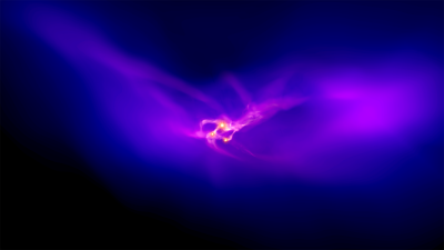 Zoom of the inner 30 light-years of the dark matter halo. The rotating gaseous disk breaks apart into three clumps that collapse under their own gravity to form supermassive stars.  (Credit: John Wise, Georgia Institute of Technology)