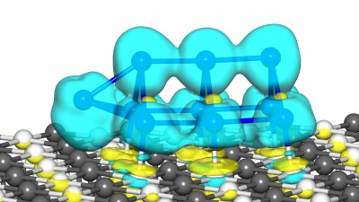 Simulation shows a 10-atom platinum nanocatalyst cluster. The “bulge” caused by the 10th atom gives the cluster improved catalytic properties. (Credit: Uzi Landman, Georgia Tech)