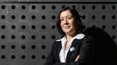 Associate Professor Anna Erickson shown with the subcritical graphite pile used to teach radiation physics concepts at Georgia Tech. (Photo: Rob Felt, Georgia Tech)