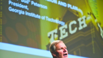 President G. P. “Bud” Peterson announces the 25-year strategic plan, Designing the Future, last fall. Since then, campus units have been brainstorming ways to implement it.