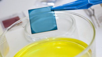 Close-up of a polymer film on a glass substrate before immersion in a polyoxometalte solution to electrically dope the film over a limited depth. (Credit: Christopher Moore, Georgia Tech)