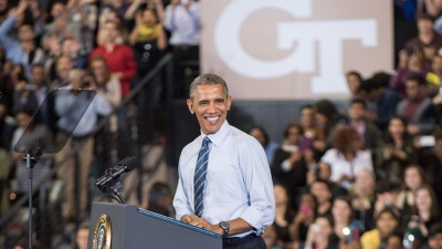 President Barack Obama gave shout-outs to George P. Burdell, the Ramblin’ Wreck, and even thermodynamics homework when he came to Georgia Tech on March 10 to announce his Student Aid Bill of Rights.