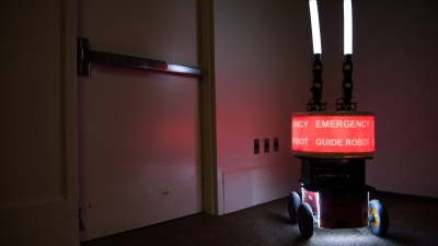 Georgia Tech researchers built the “Rescue Robot” to determine whether or not building occupants would trust a robot designed to help them evacuate a high-rise in case of fire or other emergency. (Credit: Rob Felt, Georgia Tech)