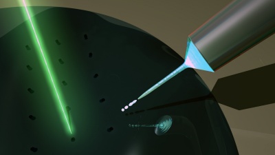 Shown are elements of the NESA-FEBID process involving nanoelectrospray delivery of electrically-energized liquid phase precursor to the substrate where it interacts with an e-beam, resulting in formation of nanoscale deposits. (Credit: Jeffrey Fisher, Georgia Tech)