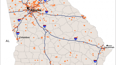 The dots on the map represent all the automotive-related manufacturing operations in Georgia. Collectively, the sector employs more than 18,000 people.Credit: Georgia Department of Economic Development.