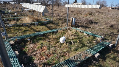 Soil plots that were heated to simulate the rise in temperatures forecast by climate models. The radiators (top) warm the plots 2 degrees Celsius. (Credit: Mengting Yuan, U. of Oklahoma)