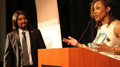 Sergio Sandoval was presented with a 2016 Tower Award by OMED Director Cynthia Moore for his outstanding academic performance at Georgia Tech. During the Tower Awards ceremony, he was also honored with a special recognition, the OMED Student Mentor Award. Sandoval, who will be interning at NASA’s Jet Propulsion Laboratory this summer, was surprised by the special recognition, remarking, “Awards like this help us keep going.”
