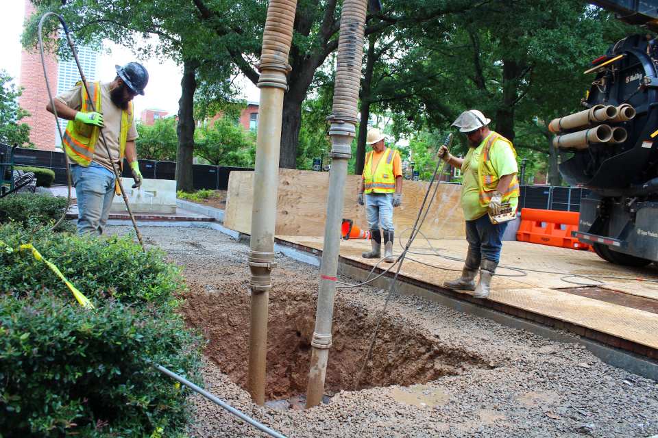 Chilled water construction workers at Harrison Square
