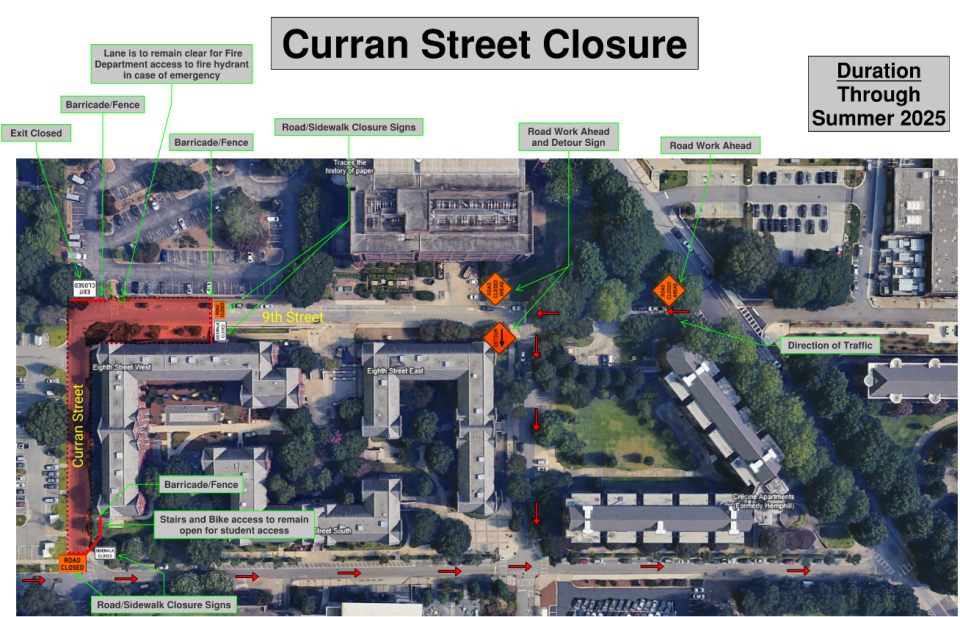 map of planned street closures for Curran Street residence hall construction