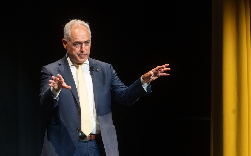 Georgia Tech President Ángel Cabrera delivers the 2024 Institute Address inside the Atlantic Theater at the John Lewis Student Center on the Georgia Tech campus in Atlanta, Georgia. 