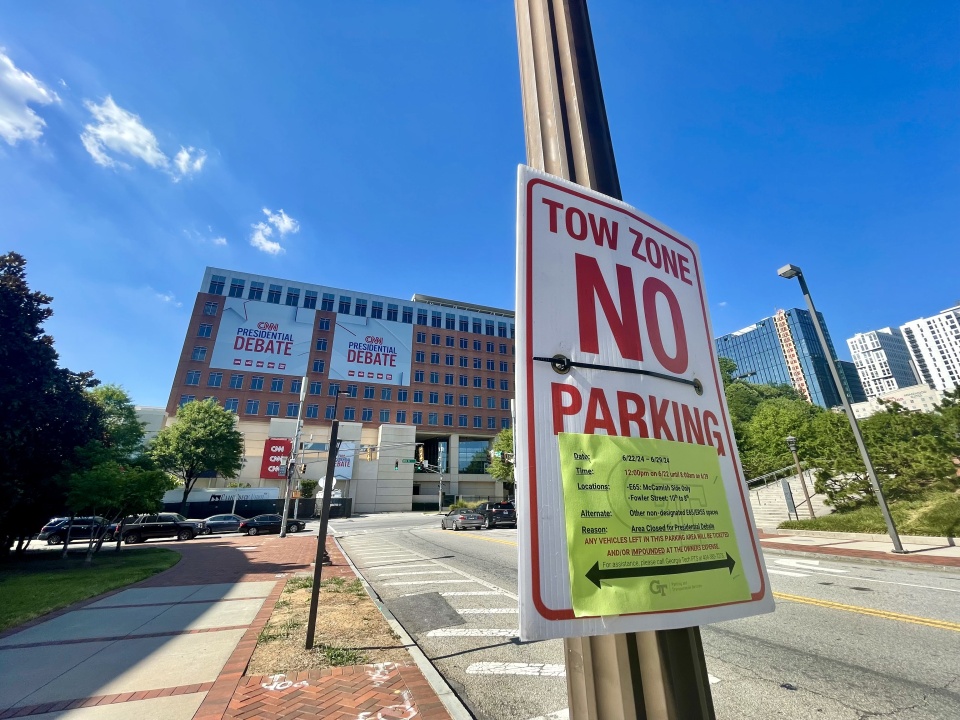 A 'no parking' sign on Fowler Street at Georgia Tech prior to the June 27 presidential debate in Atlanta, Georgia
