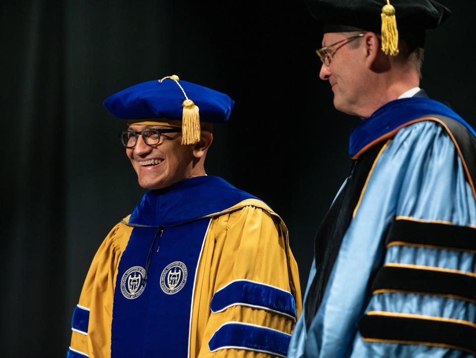 Microsoft Chairman and CEO Satya Nadella received an honorary Ph.D. during a ceremony inside the John Lewis Student Center's Atlantic Theater Thursday. 