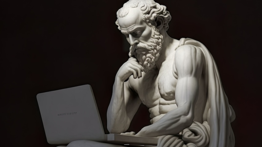 AI-generated image of Socrates, sculpted in marble, looking contempletively at a laptop.