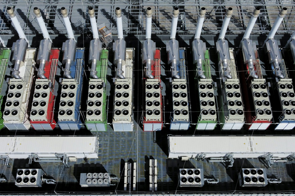 These ‘chillers’ on the roof of a data center in Germany, seen from above, work to cool the equipment inside the building.