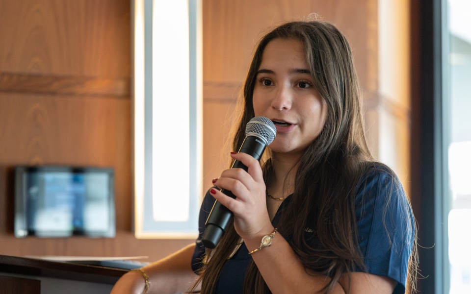A student speaks at a campus event.