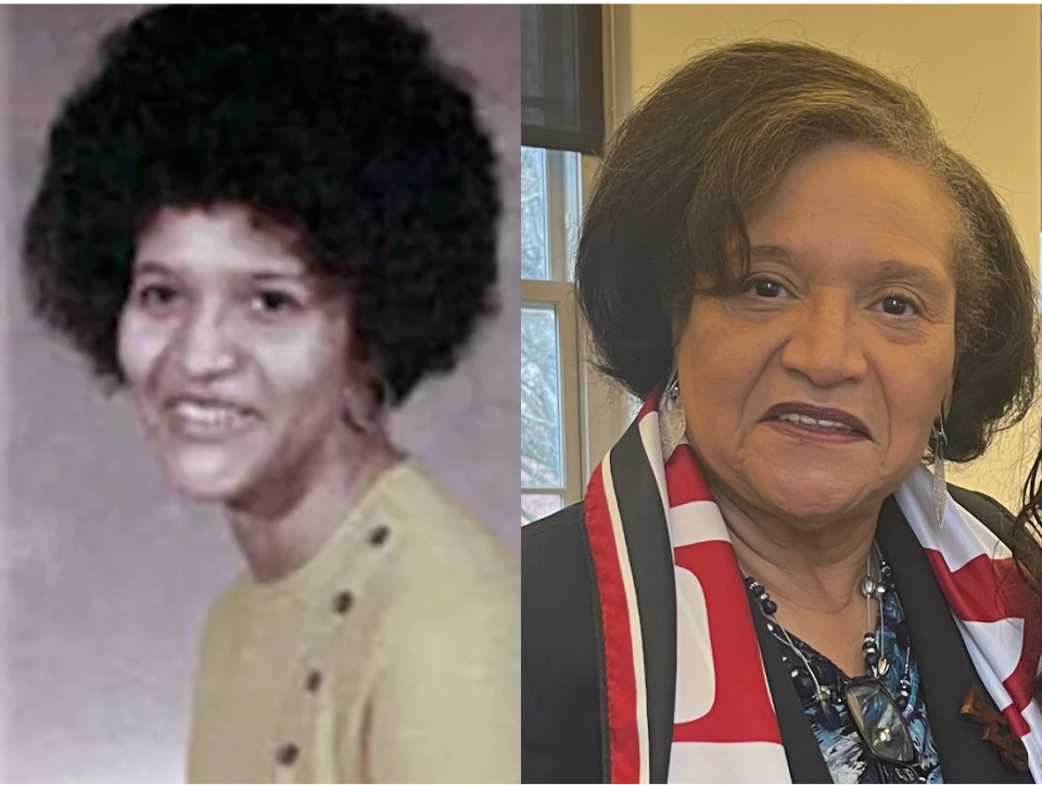 Two photos of same woman, one older and one younger.