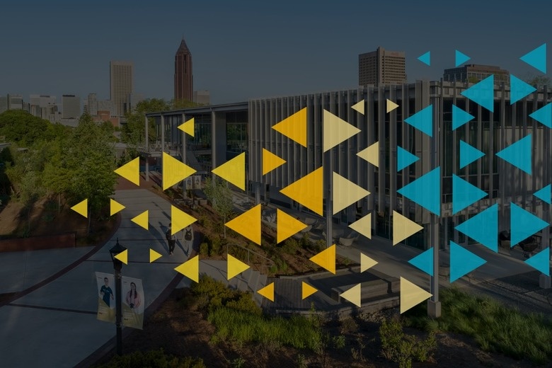 Multicolored rectangular patterns over photo of Georgia Tech campus