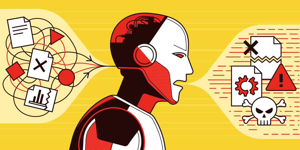 A red robot in front of a yellow background emits a speech bubble that indicates harmful output