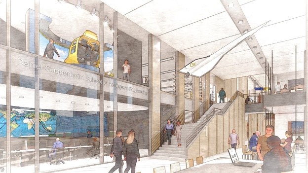 Conceptual rendering of the interior of the Daniel Guggenheim School of Aerospace Engineering Building. Subject to modification.
